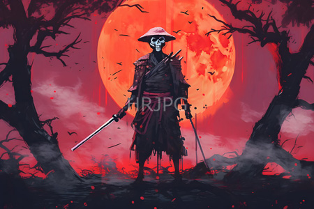 High Resolution: Undead skeleton warrior with black tattered clothing and a red sash stands before a large blood-red celestial body in a dark forest holding a katana sword and a cane-like staff download. | HRJPG.com