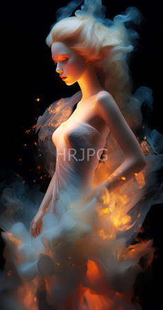 High Resolution: Ethereal pale-skinned figure with flowing blonde hair stands in profile against a dark background wearing translucent white fabric that clings to the slender frame surrounded by smoke-like flames download. | HRJPG.com