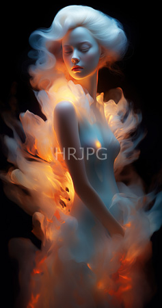 High Resolution: Ethereal pale-skinned figure with flowing white hair stands nude against a dark background enveloped in swirling orange flames that resemble smoke or misty fabric download. | HRJPG.com