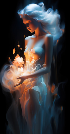 High Resolution: Ethereal slender figure with flowing white hair and a translucent blue dress holds glowing orange flowers against a dark background with misty effects download. | HRJPG.com
