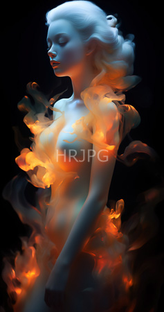 High Resolution: Ethereal white-skinned figure with flowing hair is enveloped in vibrant orange and yellow flames against a black background standing nude with closed eyes download. | HRJPG.com