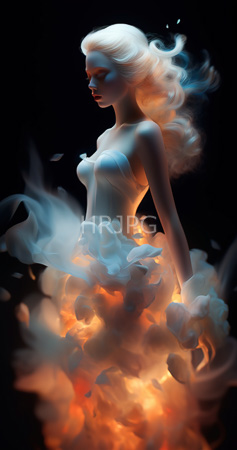 High Resolution: Ethereal pale-skinned figure with flowing white hair stands topless except for translucent blue fabric enveloped in voluminous clouds of orange smoke that swirl around the lower body download. | HRJPG.com