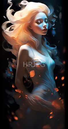 High Resolution: Ethereal blonde figure with flowing hair is illuminated by soft blue and orange light against a dark background wears a sheer white dress with closed eyes and smoke-like particles swirling download. | HRJPG.com