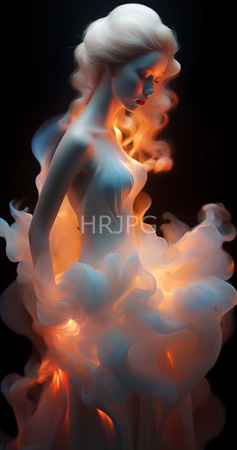 High Resolution: Ethereal pale-skinned figure with flowing white hair stands nude against a dark background enveloped in swirling clouds of orange-illuminated smoke that partially obscures the body download. | HRJPG.com