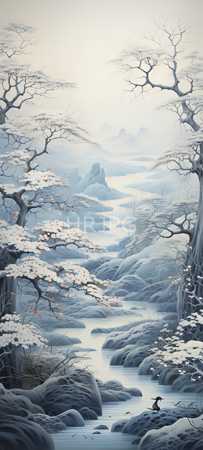High Resolution: Ethereal misty landscape features flowing water over rocky terrain leading to distant blue-gray mountains under foggy skies with leafless trees and small red flowers download. | HRJPG.com