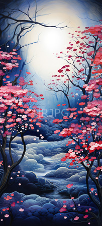 High Resolution: Ethereal forest scene features tall slender trees with vibrant pink and red blossoms on dark branches leading to a glowing white light in the background with a winding stream download. | HRJPG.com