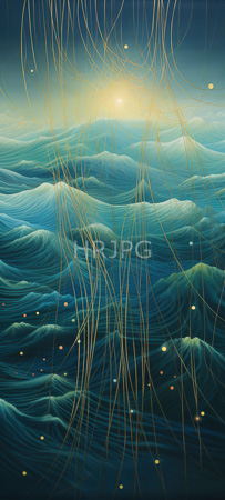 High Resolution: Abstract underwater scene with undulating waves in varying shades of blue and green features golden lines resembling bioluminescent tendrils and small glowing orbs download. | HRJPG.com