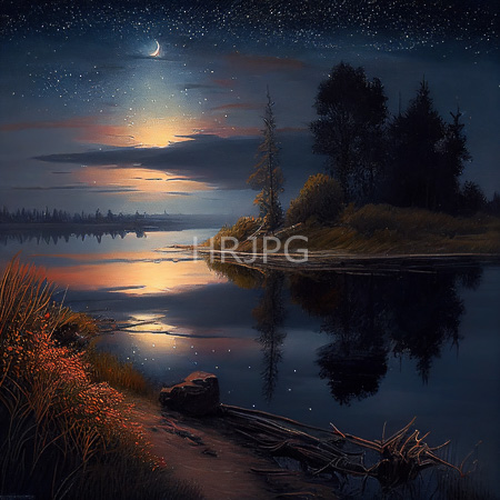High Resolution: Enchanting night landscape features a calm lake with reflective water surrounded by tall trees under a starry sky illuminated by crescent moonlight and warm light blending with cool blues download. | HRJPG.com