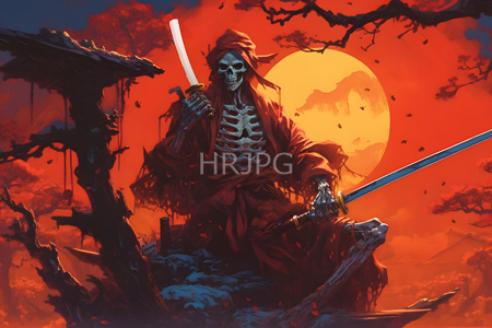 High Resolution: Undead skeleton warrior with glowing white eyes wears tattered red robes holding two katana swords against a fiery orange sunset background with a large celestial body download. | HRJPG.com