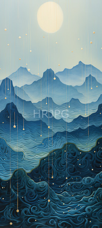 High Resolution: Ethereal layered mountain landscape under a glowing celestial body features swirling ocean waves with delicate raindrops suspended from above like tiny lanterns download. | HRJPG.com