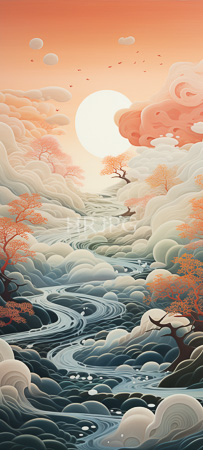 High Resolution: Ethereal surreal landscape at sunset features swirling clouds in shades of pink and orange surrounding a glowing sun with a winding river flowing through rolling hills adorned with autumnal leaves download. | HRJPG.com