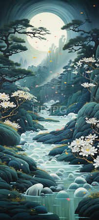 High Resolution: Ethereal moonlit landscape features lush greenery and flowing waterfalls cascading through rocky terrain with white lotus flowers blooming and delicate orange petals floating in mid-air download. | HRJPG.com