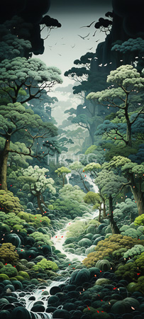 High Resolution: Enchanting lush forest scene with dense green trees and moss-covered rocks along winding streams small red flowers dot the landscape with a waterfall cascading under a misty sky download. | HRJPG.com