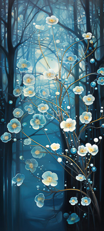 High Resolution: Ethereal forest scene features delicate white flowers with yellow centers surrounded by blue and teal bubbles-like orbs floating in misty air against dark silhouetted trees download. | HRJPG.com