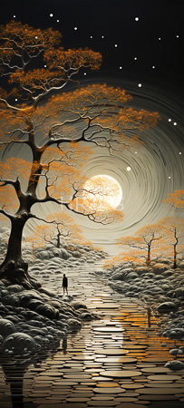 High Resolution: Ethereal moonlit forest scene with orange-leaved trees and swirling starry sky around a full celestial body with a silhouetted figure standing in a reflective waterway download. | HRJPG.com