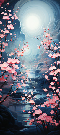 High Resolution: Ethereal moonlit landscape with pink cherry blossoms on dark branches framing a reflective river flowing towards a glowing white celestial body surrounded by swirling blue and purple clouds download. | HRJPG.com