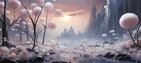 High Resolution: Ethereal landscape at sunset features pink fluffy flowers on slender black stems lining a reflective stream in the foreground with misty mountains and cascading waterfalls in the background download. | HRJPG.com