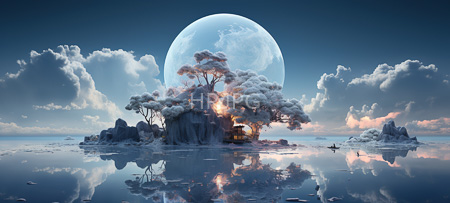 High Resolution: Ethereal surreal landscape at twilight with a massive full celestial body dominating the sky behind misty trees on rocky islands in calm water reflections with a small wooden hut nestled nearby download. | HRJPG.com