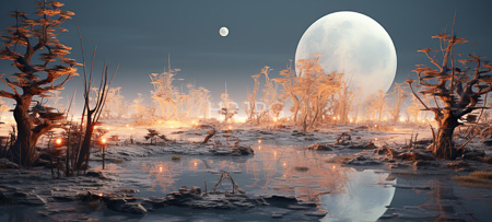 High Resolution: Ethereal moonlit landscape with glowing orange trees and misty reflections in water pools under a large full celestial body and a smaller crescent celestial body download. | HRJPG.com