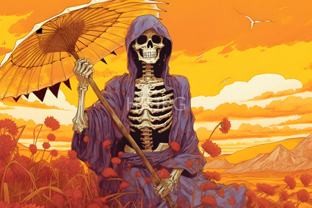 High Resolution: Anthropomorphic skeleton in purple robes holds a yellow paper parasol against a vibrant orange and red sunset sky surrounded by tall flowers download. | HRJPG.com