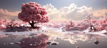 High Resolution: Ethereal snowy landscape with pink cherry blossom trees reflecting in still water pools scattered across white snow-covered ground under a soft pastel sky download. | HRJPG.com
