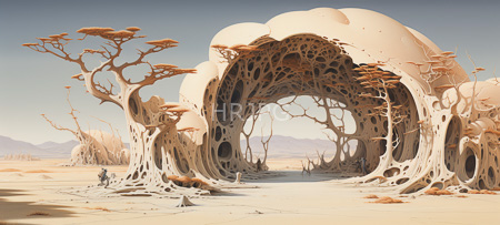 High Resolution: Otherworldly desert landscape features surreal organic structures resembling giant mushrooms and trees fused together in beige tones with intricate lacework holes on the surface download. | HRJPG.com