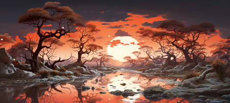 High Resolution: Ethereal sunset over a tranquil rocky river in an African savanna style features tall acacia trees framing both sides under vibrant orange and red skies with glowing orbs download. | HRJPG.com