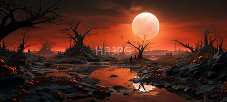 High Resolution: Eerie red-orange sunset over barren land features leafless trees and scattered pumpkins in shallow pools of water with three silhouetted figures under a large celestial body's glow download. | HRJPG.com