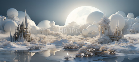 High Resolution: Fantasy landscape features snow-covered spherical structures and intricate metal spires surrounding an icy lake with reflective water under a large full celestial body download. | HRJPG.com