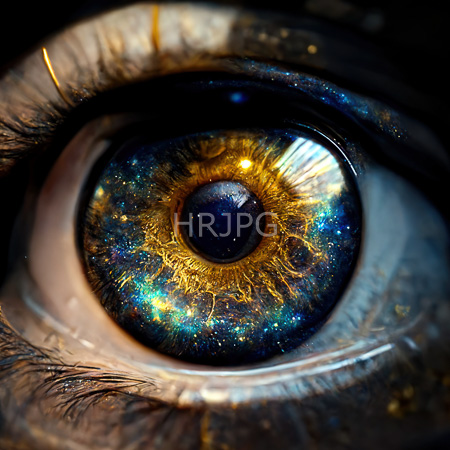 High Resolution: Close-up of an eye with vivid iridescent blue and gold iris patterns resembling stars or galaxies with detailed textures on eyelashes download. | HRJPG.com