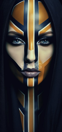 High Resolution: Intense pale-skinned figure with striking blue eyes and dark purple lipstick wears dramatic face paint in orange black white stripes resembling a specific national emblem download. | HRJPG.com