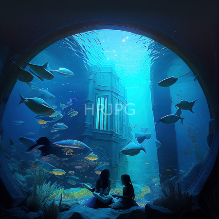 High Resolution: Two silhouetted figures sit on rocks in an underwater circular aquarium-like setting with tall columns and vibrant blue lighting surrounded by various colorful fish and coral reefs download. | HRJPG.com