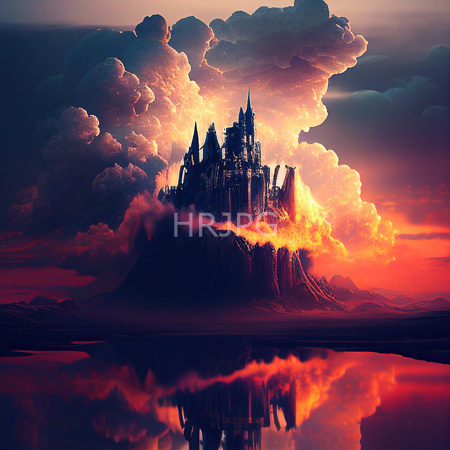 High Resolution: Ethereal gothic castle with spires rising from dark mountains at sunset with vibrant orange and red clouds and mist shrouding its base reflecting in the water below download. | HRJPG.com