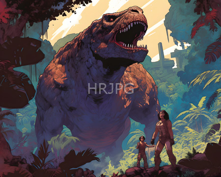 High Resolution: Two nude muscular human figures stand in front of an enormous reptilian predator with its mouth open and sharp teeth visible surrounded by lush jungle foliage download. | HRJPG.com