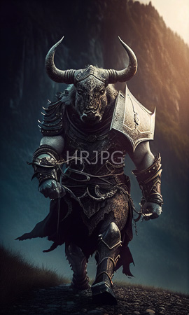 High Resolution: Imposing muscular minotaur warrior with dark gray skin and large horns charges forward in medieval armor adorned with intricate patterns holding twisted vines menacingly download. | HRJPG.com