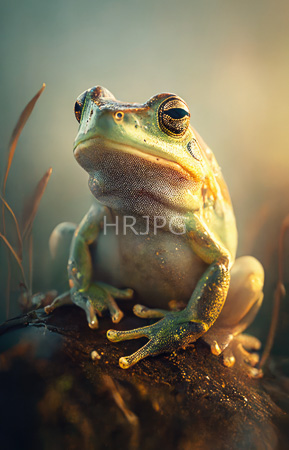 High Resolution: Emerald green amphibian with large dark eyes and textured skin sits on a moss-covered rock in shallow water illuminated by soft golden sunlight download. | HRJPG.com