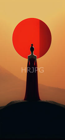 High Resolution: Elegant woman with dark hair in a bun wears a flowing red dress standing on rocky terrain at sunset facing a large circular orange-red celestial body over rolling hills download. | HRJPG.com