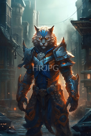 High Resolution: Anthropomorphic wolf warrior with glowing orange eyes stands in a foggy medieval city street at dawn with blue tribal markings above his fierce eyes download. | HRJPG.com