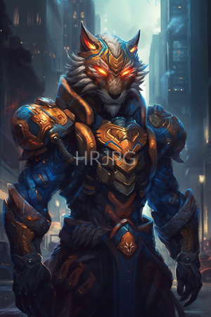 High Resolution: Anthropomorphic wolf warrior with glowing orange eyes stands in a futuristic cityscape at night wears intricate blue and gold armor adorned with mechanical details download. | HRJPG.com