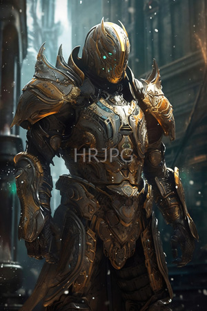 High Resolution: Imposing armored humanoid figure with intricate golden and bronze armor featuring sharp spikes on shoulders with glowing blue eyes visible through the helmet's visor in a dark sci-fi setting download. | HRJPG.com