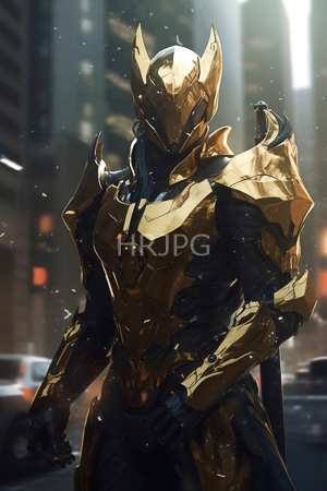 High Resolution: Armored humanoid figure with a golden helmet and shoulder plates stands in a city street at sunset with dark blue armor contrasting against gold highlights and scattered snow download. | HRJPG.com