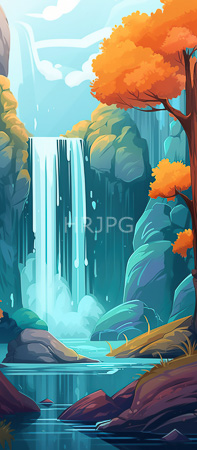 High Resolution: Enchanting waterfall scene in vibrant colors features cascading waterfalls between rocky cliffs with turquoise hues and misty effects framed by bright orange autumn leaves download. | HRJPG.com