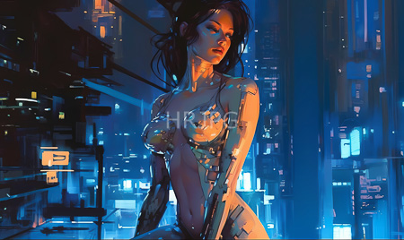 High Resolution: Attractive dark-haired woman with cybernetic enhancements in a neon-lit futuristic cityscape at night is topless except for metallic armor pieces covering her breasts and hips download. | HRJPG.com