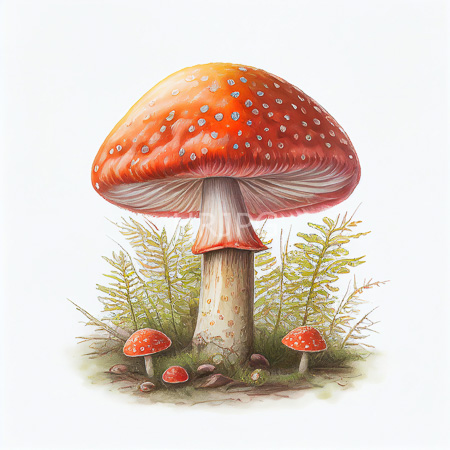 High Resolution: Detailed realistic drawing of large red-capped mushrooms with white spots and smaller ones around them surrounded by green ferns on grassy ground download. | HRJPG.com