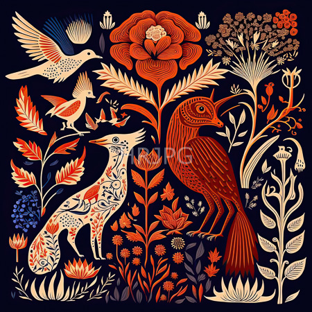 High Resolution: Intricate stylized illustration features three birds and vibrant floral patterns against a dark blue background with the central bird having red-brown feathers download. | HRJPG.com