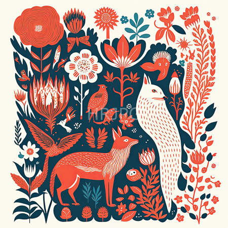 High Resolution: Intricate illustration in flat colors features various stylized animals and flowers against a dark blue background with a red fox standing on its hind legs among vibrant flora download. | HRJPG.com