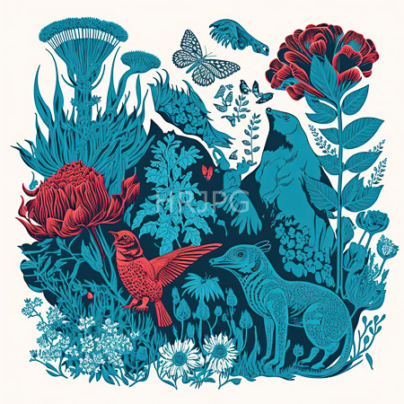 High Resolution: Intricate illustration in vibrant teal and red hues depicts various animals amidst lush flora on a white background with a bird perched near large flowers and a butterfly fluttering download. | HRJPG.com