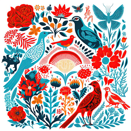 High Resolution: Vibrant illustration features an intricate colorful composition of birds and flowers in reds blues oranges greens against a white background with a large black bird perched near a sunflower download. | HRJPG.com