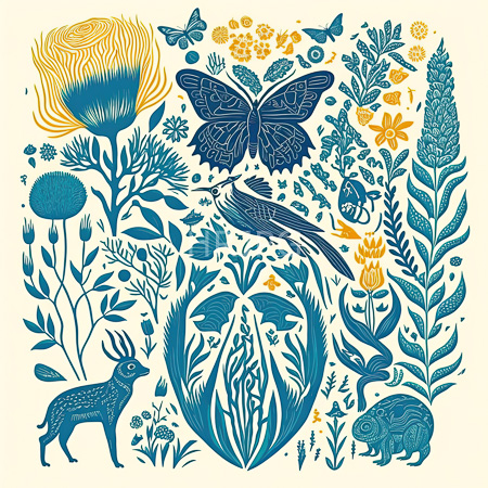 High Resolution: Intricate illustration in flat colors features various botanical and animal elements on a cream background with a large butterfly centered at the top and accents of yellow-orange flowers download. | HRJPG.com