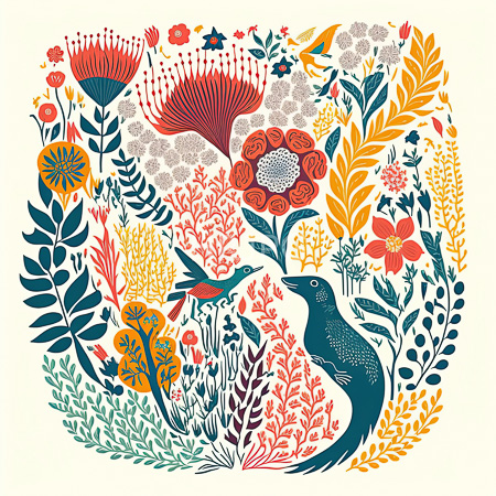 High Resolution: Intricate colorful illustration features vibrant flowers and foliage in shades of red orange yellow green blue teal against an off-white background with a small bird flying among tall plants download. | HRJPG.com